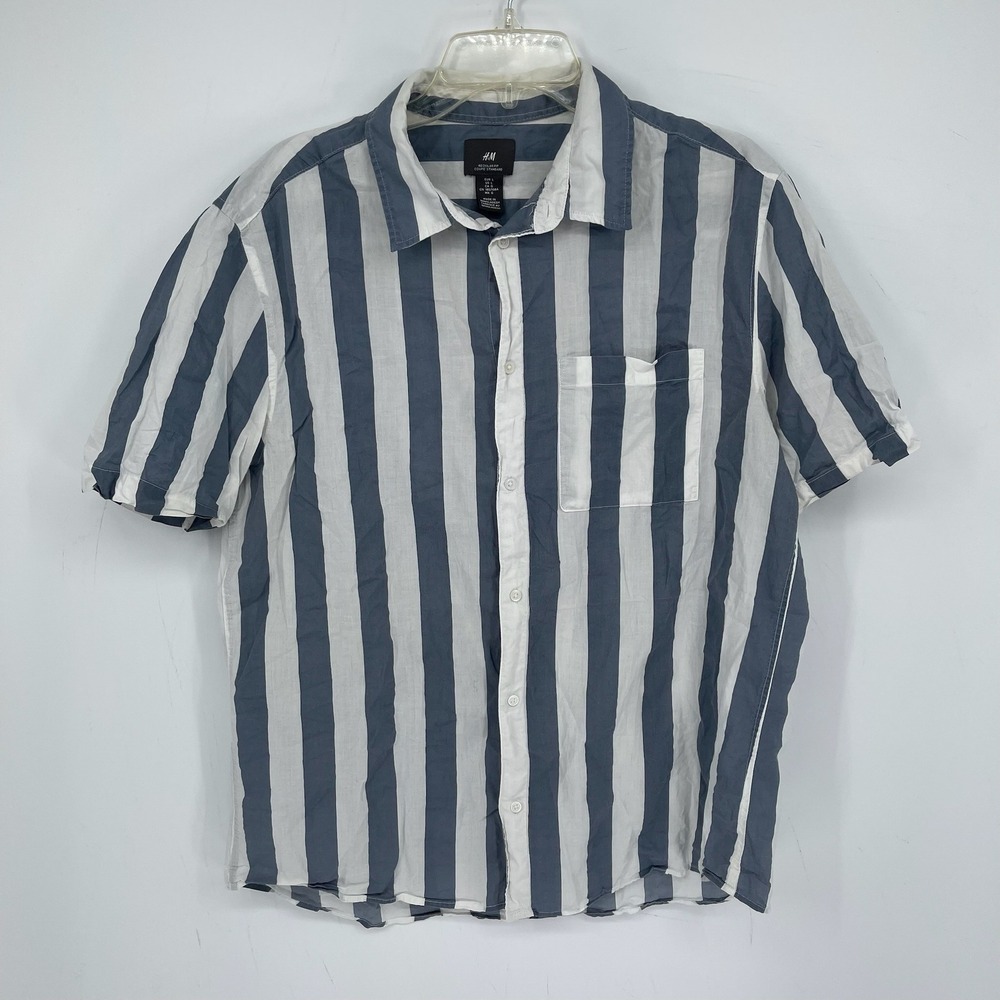 H&M Men's Blue Stripe Collared Short Sleeve Pocket Button Front Top Shirt Size L